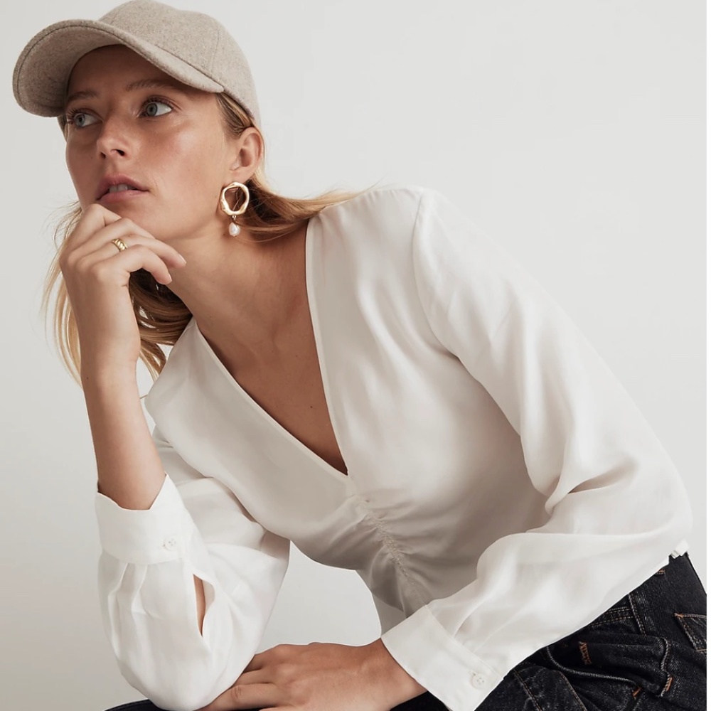 NWT Madewell by J.Crew Brushed Ruched-Front Top V neck Shirt Size 4